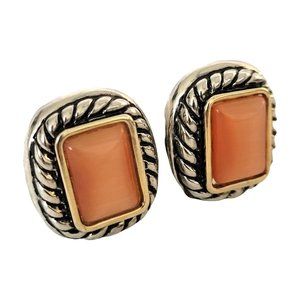 Womens Rectangular Peach Bead Clip On Earrings Silver Tone Twisted Setting